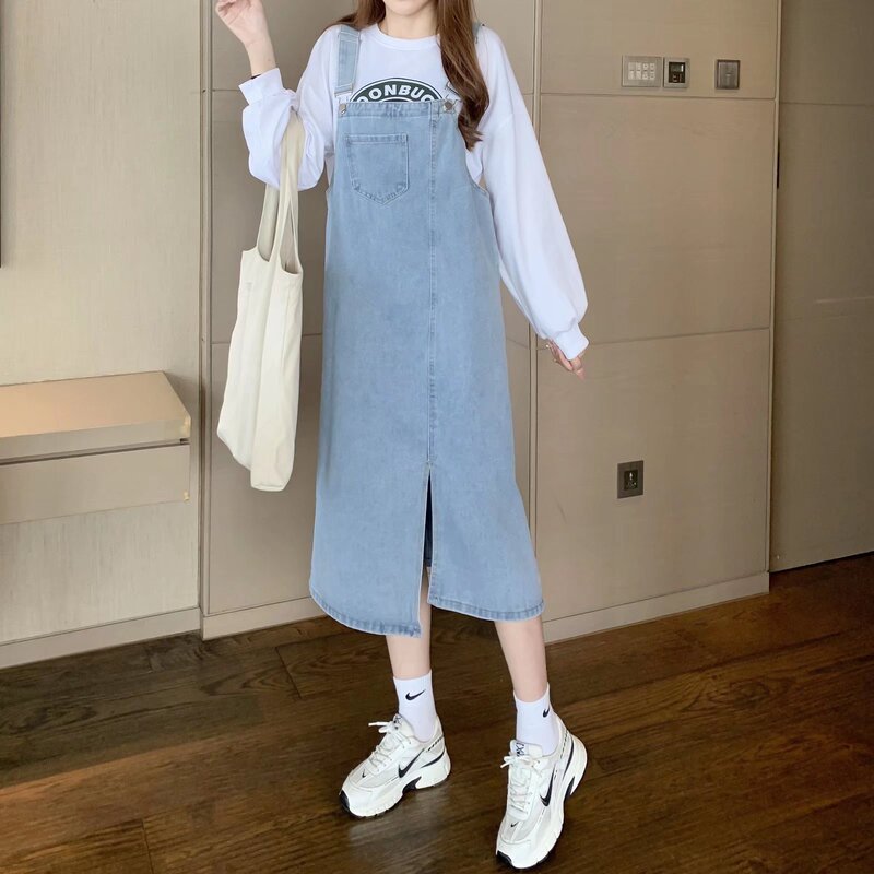 Denim suspender skirt mid-length over-the-knee slimming young student small dress female Korean style loose spring and autumn