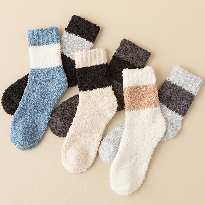 Podzimní a zimní nové korálové fleecové ponožky pánské středně tubusové ponožky barevně sladěné zesílené fleecové ponožky na spaní teplé podlahové ponožky velkoobchod_voghion.com