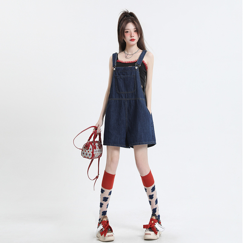 Western-Style Age-Reducing Denim Overalls Shorts for Women Early Spring 2025 New Style Small Slimming Look Popular Korean Style One-Piece Pants