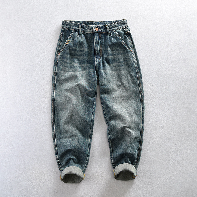 G7181 herren retro gewaschen denim freizeithose, ein stück für haar ersatz_voghion.com