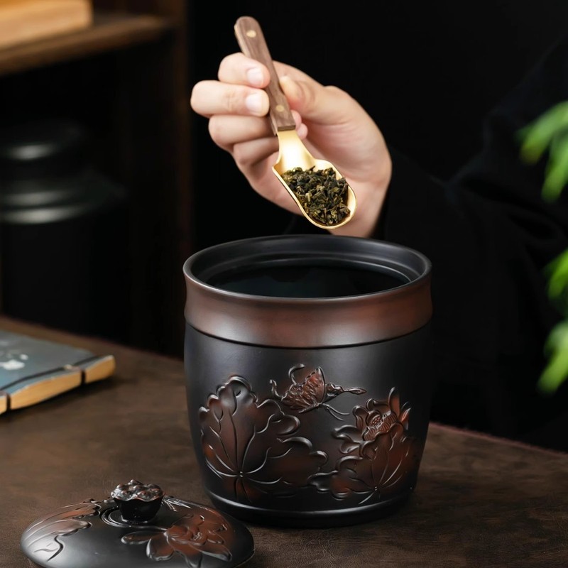 紫陶茶叶罐密封罐陶瓷紫砂大中号荷花醒茶罐普洱储存罐防潮家建水|undefined