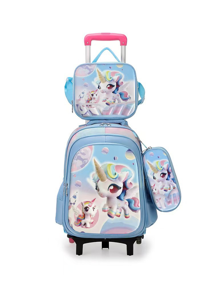 Nuevo tipo de bolsas de tirón de tres piezas de dibujos animados unicornio para niños mochila de espalda de gran capacidad para hombres