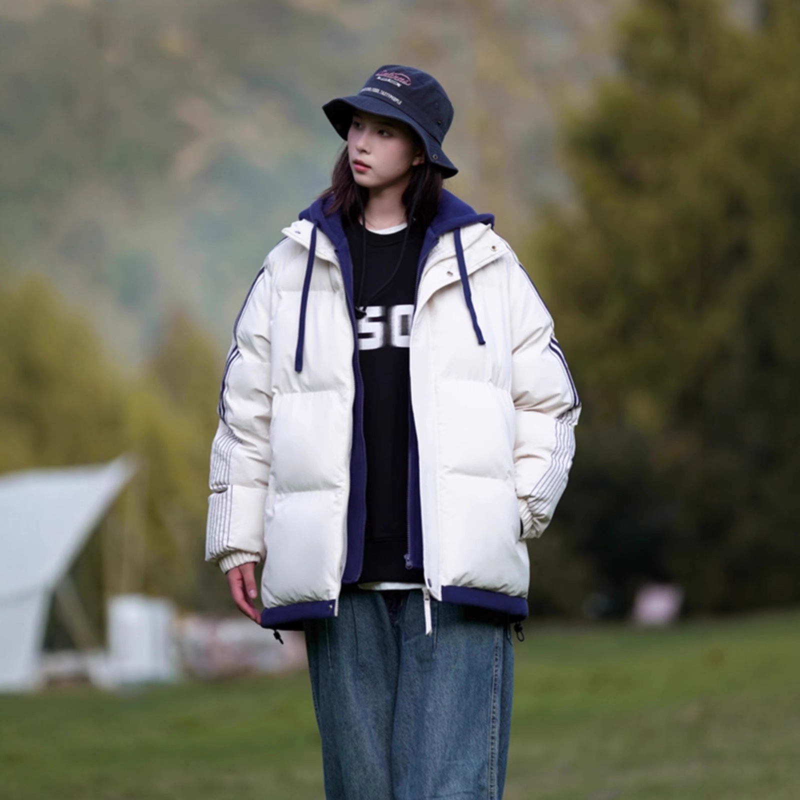 2025 invierno nuevo estilo coreano falso de dos piezas de punto con capuzas de pluma de algodón grueso ropa de pareja de invierno chaqueta de tendencia image 5