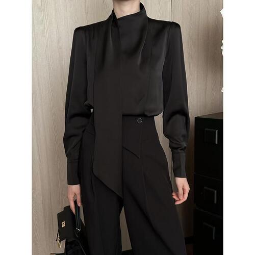 Fashion long-sleeve casual versatile solid color women's autumn and winter high-quality satin shirt in white and black