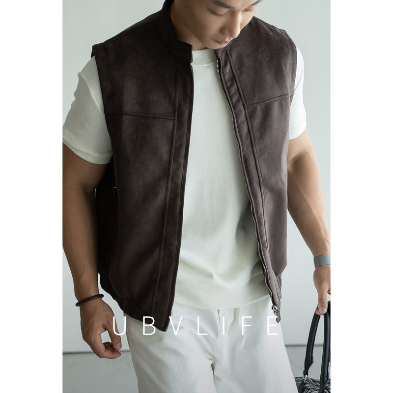 Old-fashioned retro high-quality suede stand-up collar vest for men, suitable for layering in autumn, casual and loose-fitting.