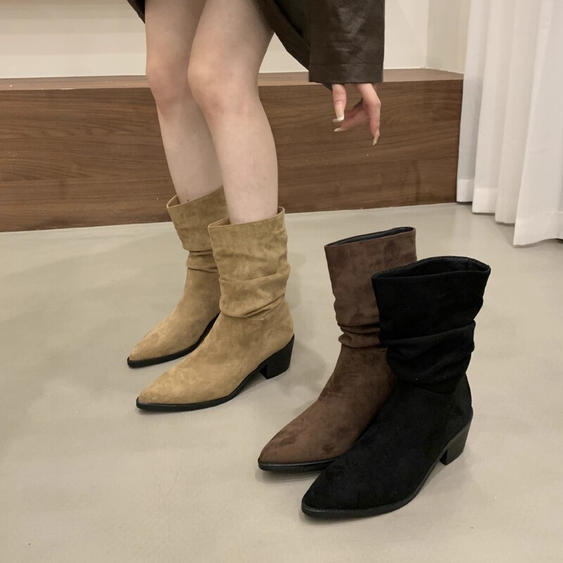 高跟尖头绒面卡其色瘦瘦法式小短靴女鞋2025新款堆堆靴春秋单靴子|undefined