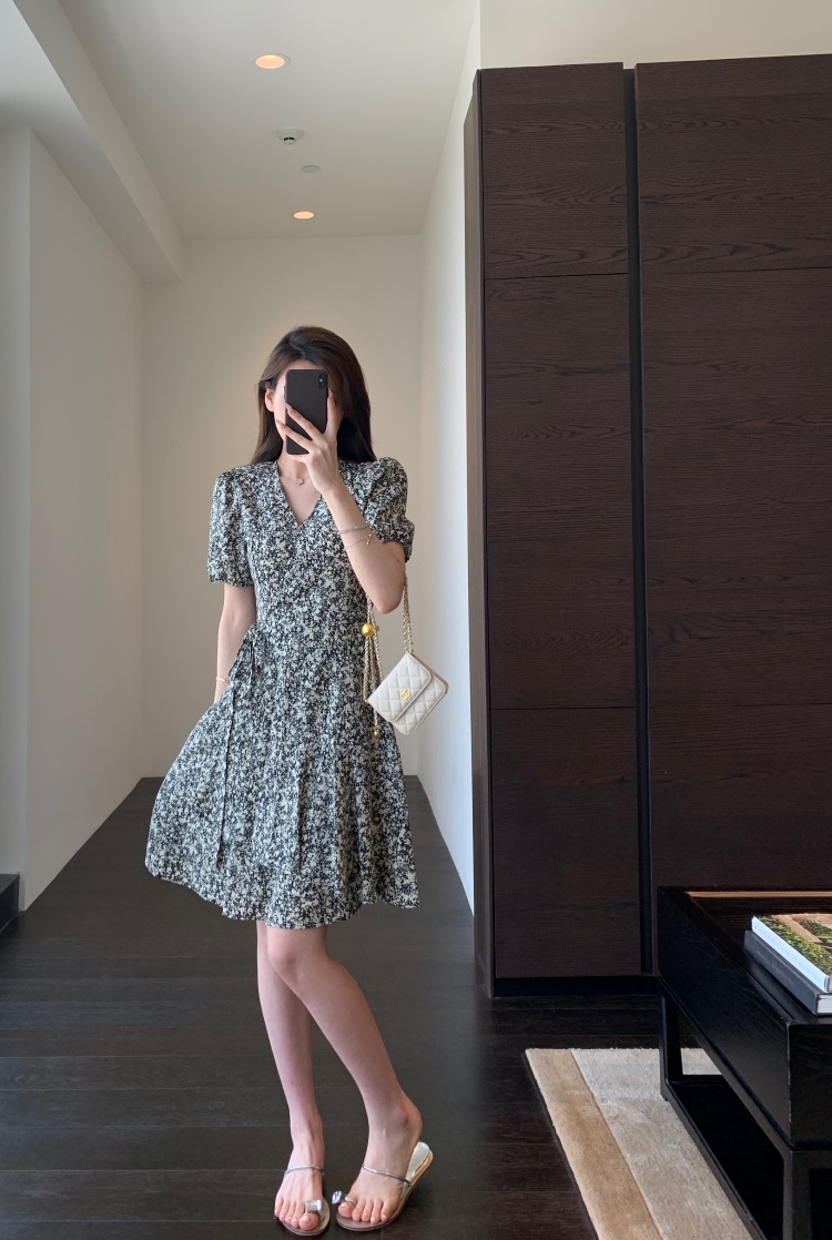 Women's French Retro Chiffon Floral Dress Image 8