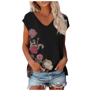 2023 new V-neck short sleeve women's flower 3D printing Street casual summer t-shirt can be set-made source factory