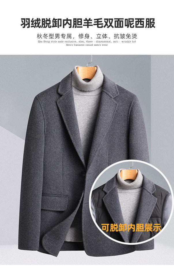Áo vest nam dạ lông cừu hai mặt có lót lông vũ tháo rời, dài tay, giữ ấm — Màu vàng, Màu xám, Màu đen chi tiết 1