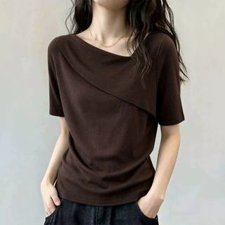 大码胖mm设计感斜领针织t恤短袖女夏季不规则气质百搭上衣A12158