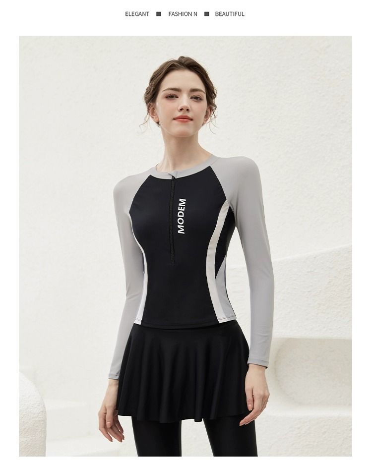 GraceChic Women's Swimsuit 2025 New Long Sleeve Sun Protection Three-Piece Set Ladies Two-Piece Conservative High-End Feel Hot_voghion.com