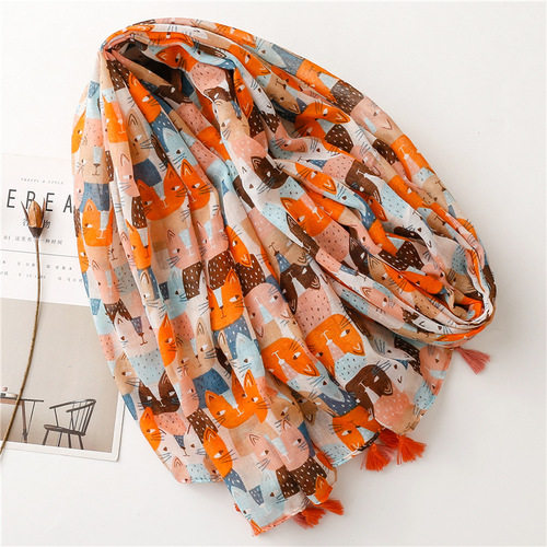  new spring and summer fresh and sweet style cartoon cat cotton and linen scarf Bali thin silk scarf shawl for women