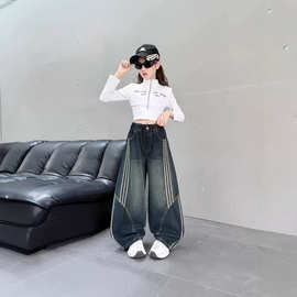 女童春秋款裤子2026新款中大童洋气秋季牛仔裤休闲弯刀裤老爹裤子