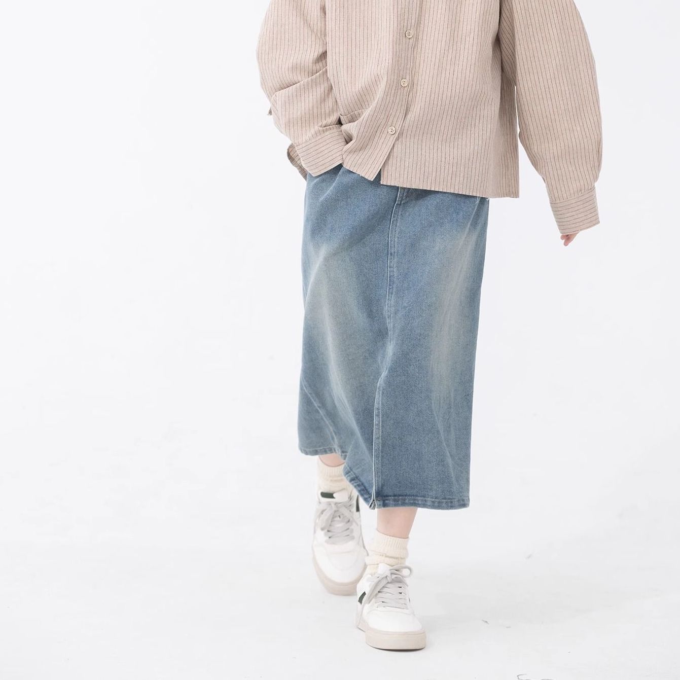 2025 falda infantil coreana falda media larga niños retro nuevo jeans primavera y otoño falda de busto para niños grandes