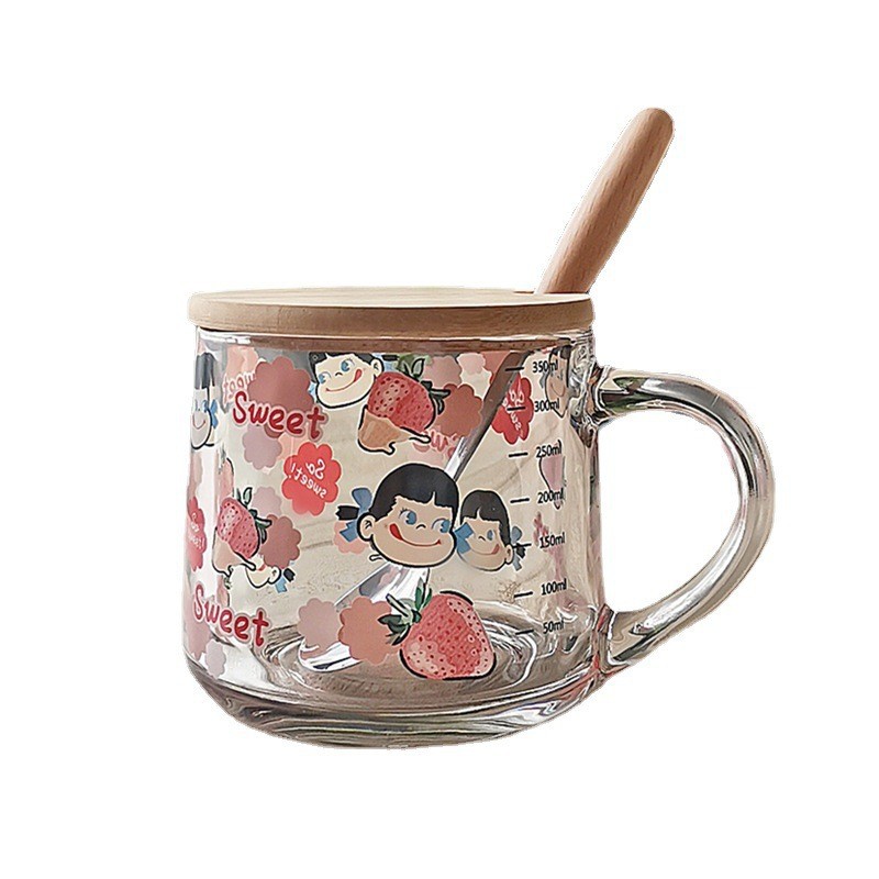 Ins vidrio simple Commuter paja leche desayuno taza Linda Escala de dibujos animados taza con cuchara regalo impresión