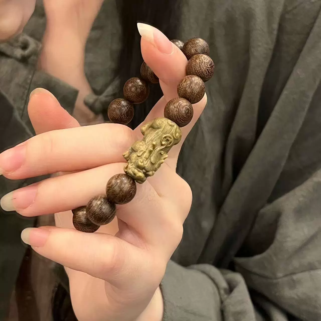 天然优质实木搭配绿檀貔貅佛珠手串个性创意古风檀香木质文玩手链