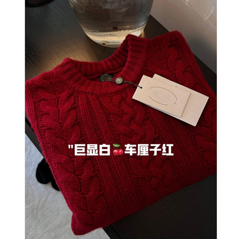 Highly Recommended! Extremely Flattering ~ Christmas and New Year Atmosphere Super Pretty Cherry Red Cable Knit Sweater for Women