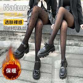 植绒爱心波点女加绒加厚秋冬款黑透肤光腿神器打底假透肉连裤丝袜