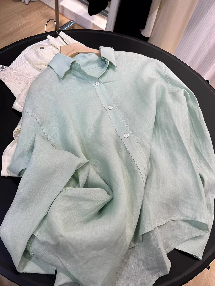 Áo sơ mi nữ linen mỏng thoáng khí mùa hè chống nắng — bạc hà xanh
