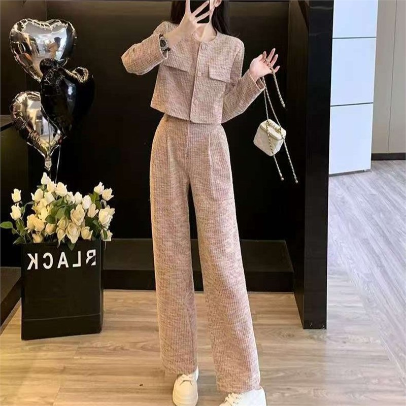 感气质穿搭休闲运动套装女秋季时髦小香风短外套阔腿裤两件套|undefined