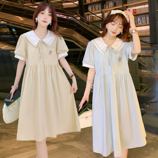 Maternity 2024 Summer New Korean Style Fashionable Elegant Doll Collar Lace-up Loose Large Size Pregnant Women Dress