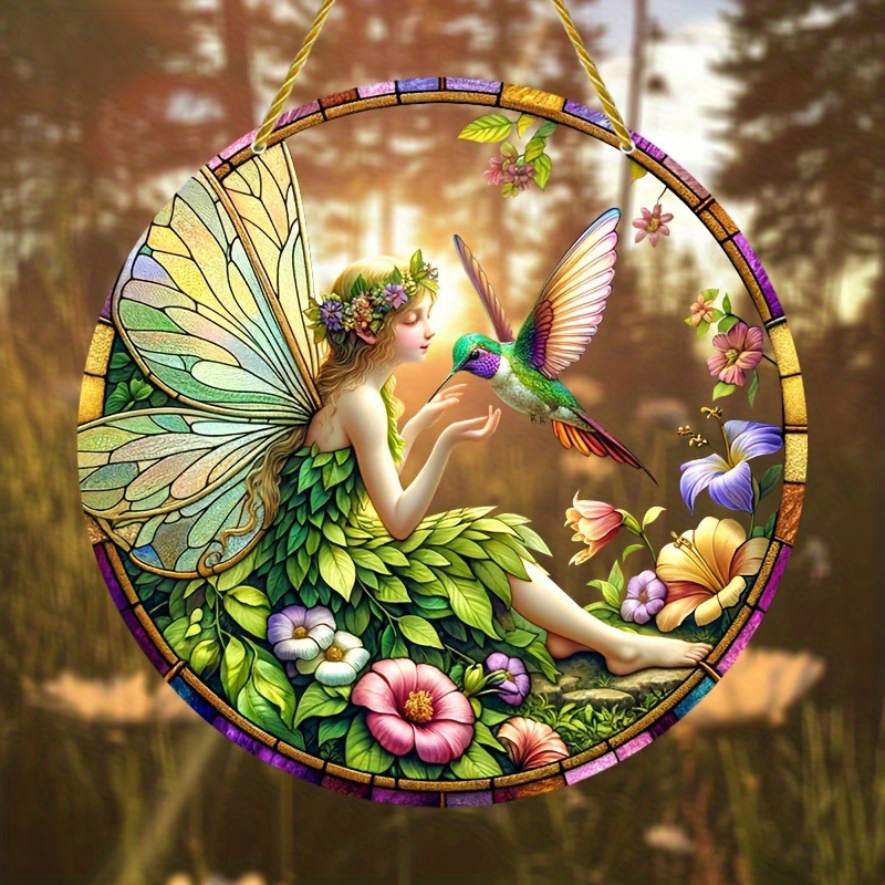 Transfronterizo 2D acrílico verde bosque colibrí cazador de sol coronas de regalo ventana colgante acrílico decoración de pared