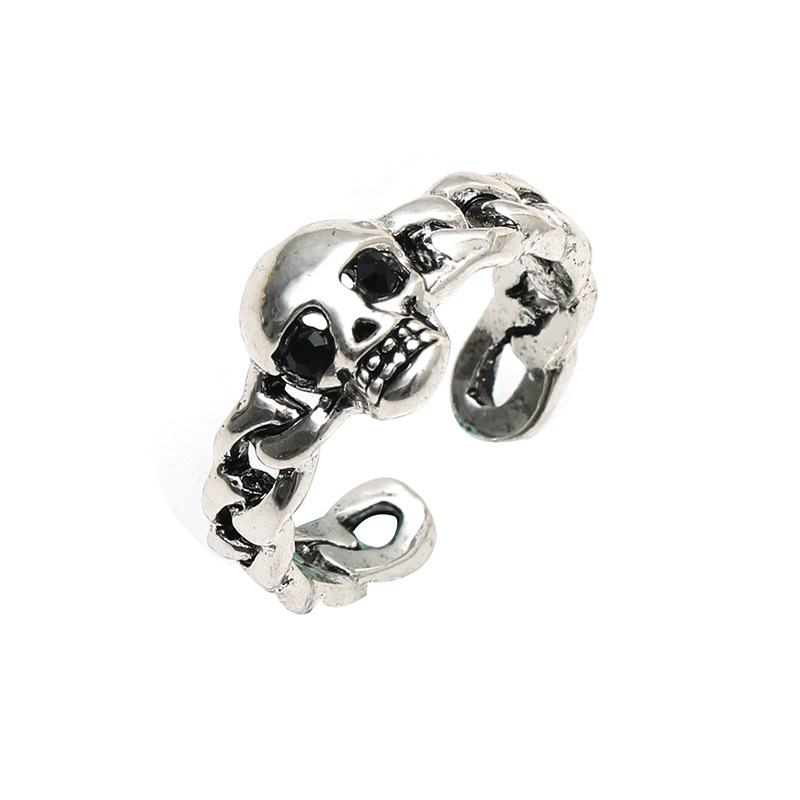 Retro Distressed Diamond Skull 2 Piece Set Open Ring display picture 2