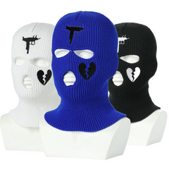 Cross-border winter new three-hole beanie knit hat skiing embroidery knit face mask sports outdoor face mask