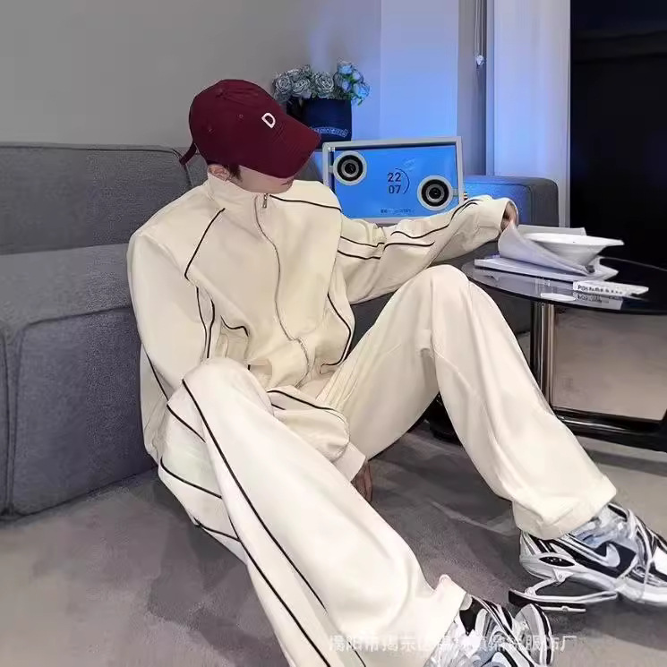 高级感痞帅休闲套装男宽松设计感开衫立领夹克阔腿裤搭配两件套潮