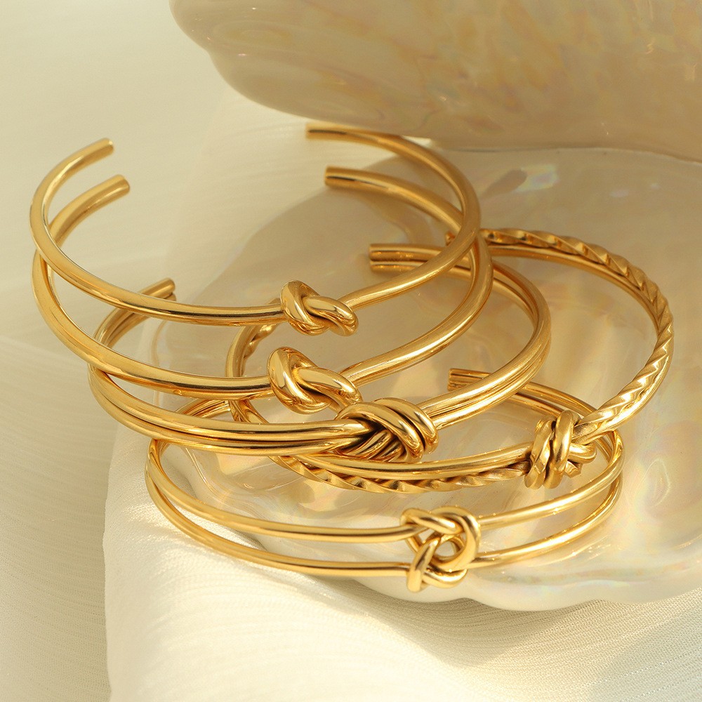 Stainless Steel 18K Gold Plating Knotted C- Shaped Open Double-layer Bracelet