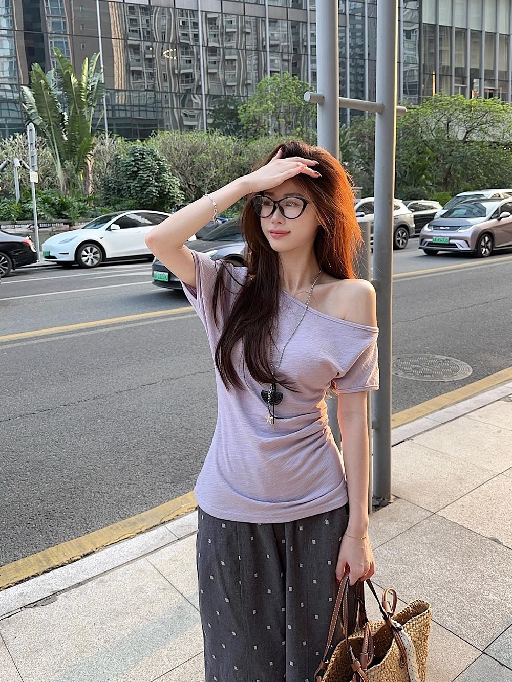 여성용 여름 신상 게으른 스타일 오프숄더 반팔 티셔츠, 타로 퍼플 사선 어깨 디자인 슬림핏 탑 도매