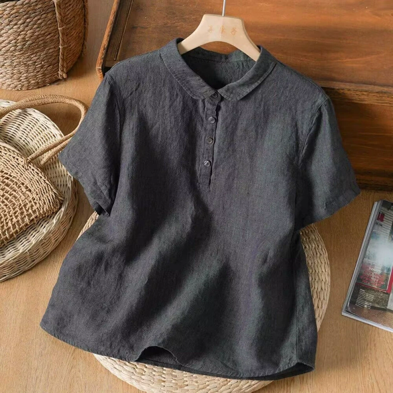 Хлопчатобумажная и льняная рубашка женская, литературно-ретро, с коротким рукавом, лето 2025