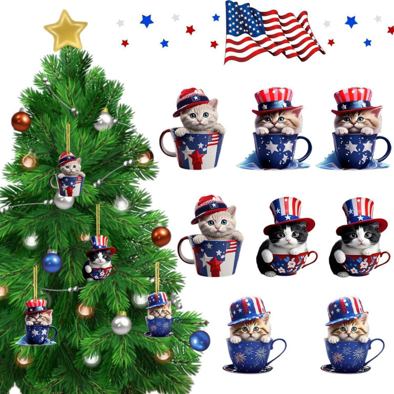 Nuevos productos transfronterizos de baile gato decoración patriótica árbol acrílico plano decoración del día de la independencia colgante de decoración