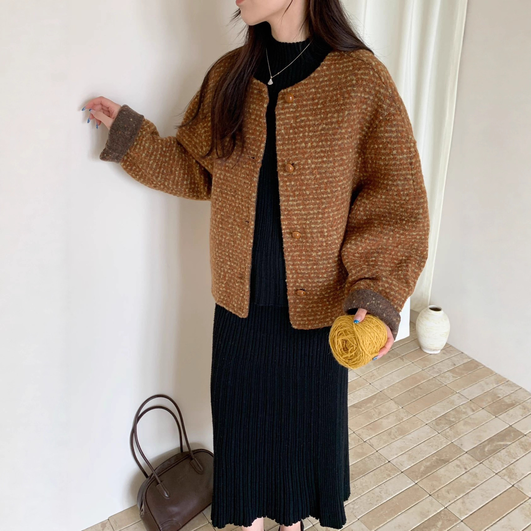 韩系小香风双面羊毛大衣女秋冬新款粗花呢名媛风短款毛呢外套女