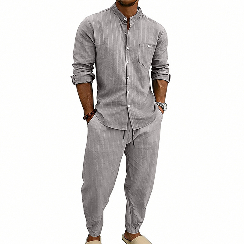 Transfronterizos primavera y otoño hombre deportivo a rayas verticales camisa casual de manga larga cardigan a rayas transpirables pantalones de dos piezas