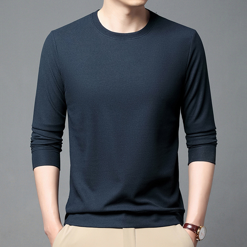 Wholesale waffle long sleeve T-shirt men's round neck base shirt young and middle-aged solid color T-shirt top casual sweater