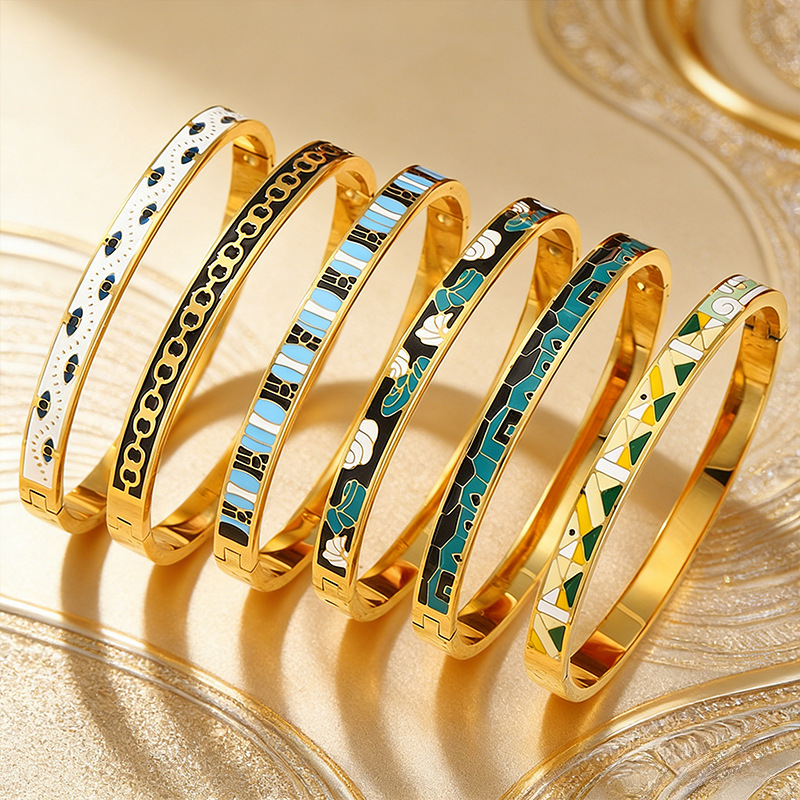 Brazalete de acero de titanio de moda europea y americana, esmalte de color de mujer, patrón de goteo de aceite, tendencia de acero de titanio, brazalete de joyería no se desvanece