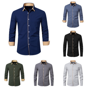 2024 spring and summer men's new European and American Amazon men's casual color matching shirt men's fashion long-sleeved business shirt
