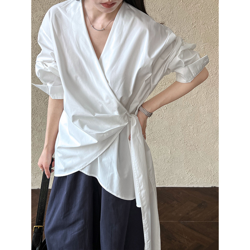 Luxi Autumn Korean Style Asymmetrical Waist-Tie Shirt for Women, Casual Niche Design One-Piece Top 3563