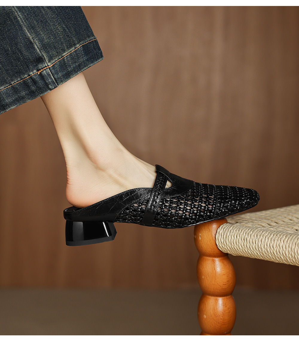 Dép sandal nữ quai chữ V đan dệt, gót thấp 3 cm, phong cách vintage — đen chi tiết 17