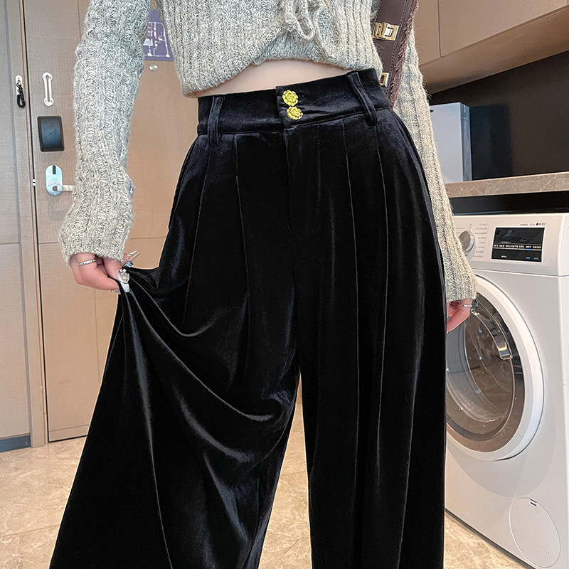 In-Stock Black Velvet Suit Wide-Leg Pants for Women, 2026 Autumn High-Waisted Drapey Straight-Leg Casual Pants for Petite Figures