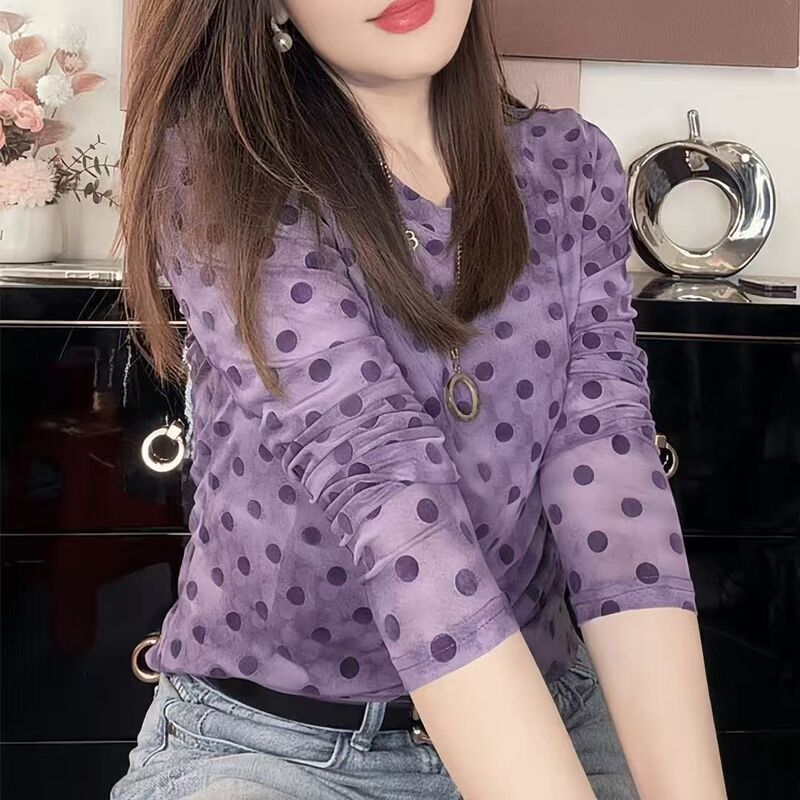 Double-Layer Elastic Mesh Polka Dot Floral Long-Sleeved T-Shirt New Spring & Fall Slimming Look and Beautiful Age-Reducing Bottoming Top