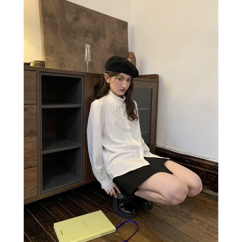 Hello Canon French-Style Small Stand-Up Collar Lace-Trimmed Shirt for Women, 2025 New Model, Loose-Fitting Chic Top
