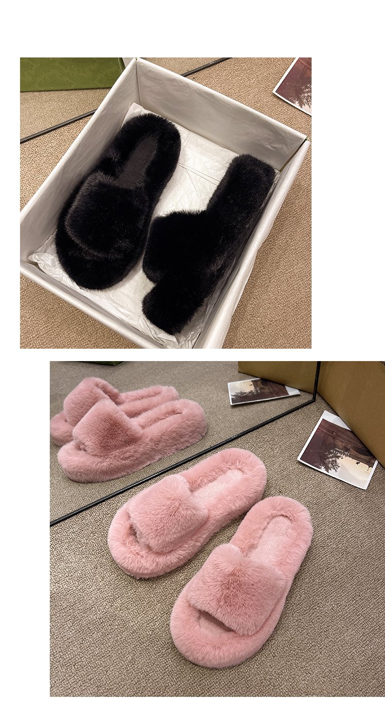 2023 new thick bottom one-word solid color foreign trade plus size fleece slippers flat bottom plush fur slippers casual fashion_voghion.com