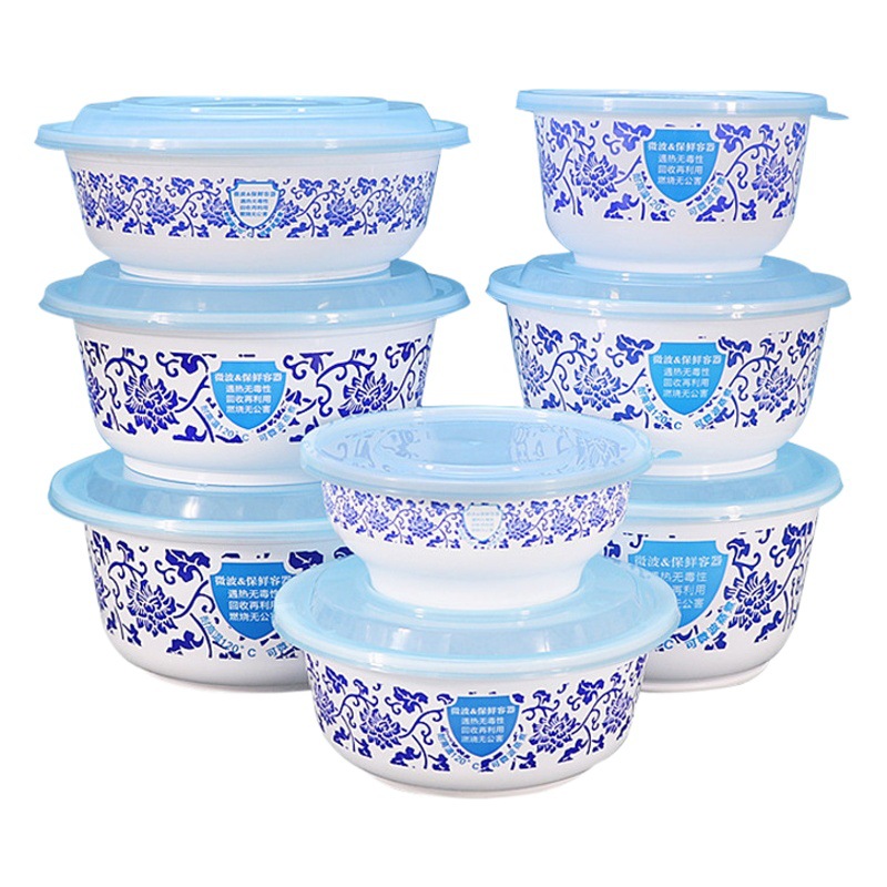 Caja de almuerzo de comida desechable azul y blanca de alta gama protección del medio ambiente redondo engrosado embalaje de plástico boda hogar para llevar con tapa