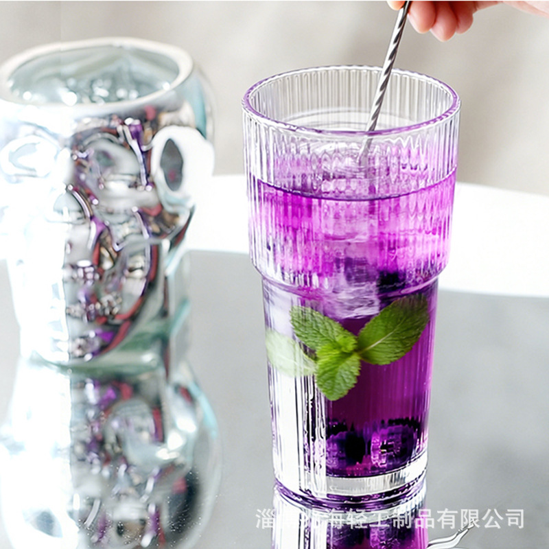 加厚竖条纹玻璃杯家用水杯套装果汁杯耐热茶杯大容量高颜值咖啡杯