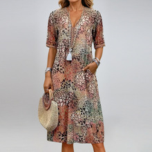 亚马逊2025欧美印花夏季V领度假插袋连衣裙家居服外贸女舒适休闲