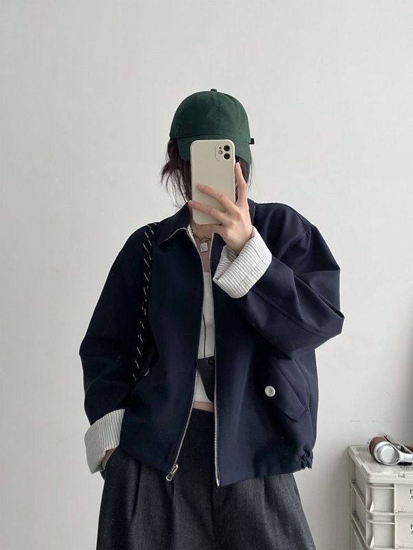 条纹两穿休闲外套女秋季外套宽松藏青色高级松弛感夹克上衣|undefined