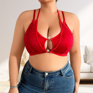 European and American Cross-Border New Sexy Red Sexy Bra Amazon Cut Out Push-Up Large Size Fat mm Halterneck Women's Intimates