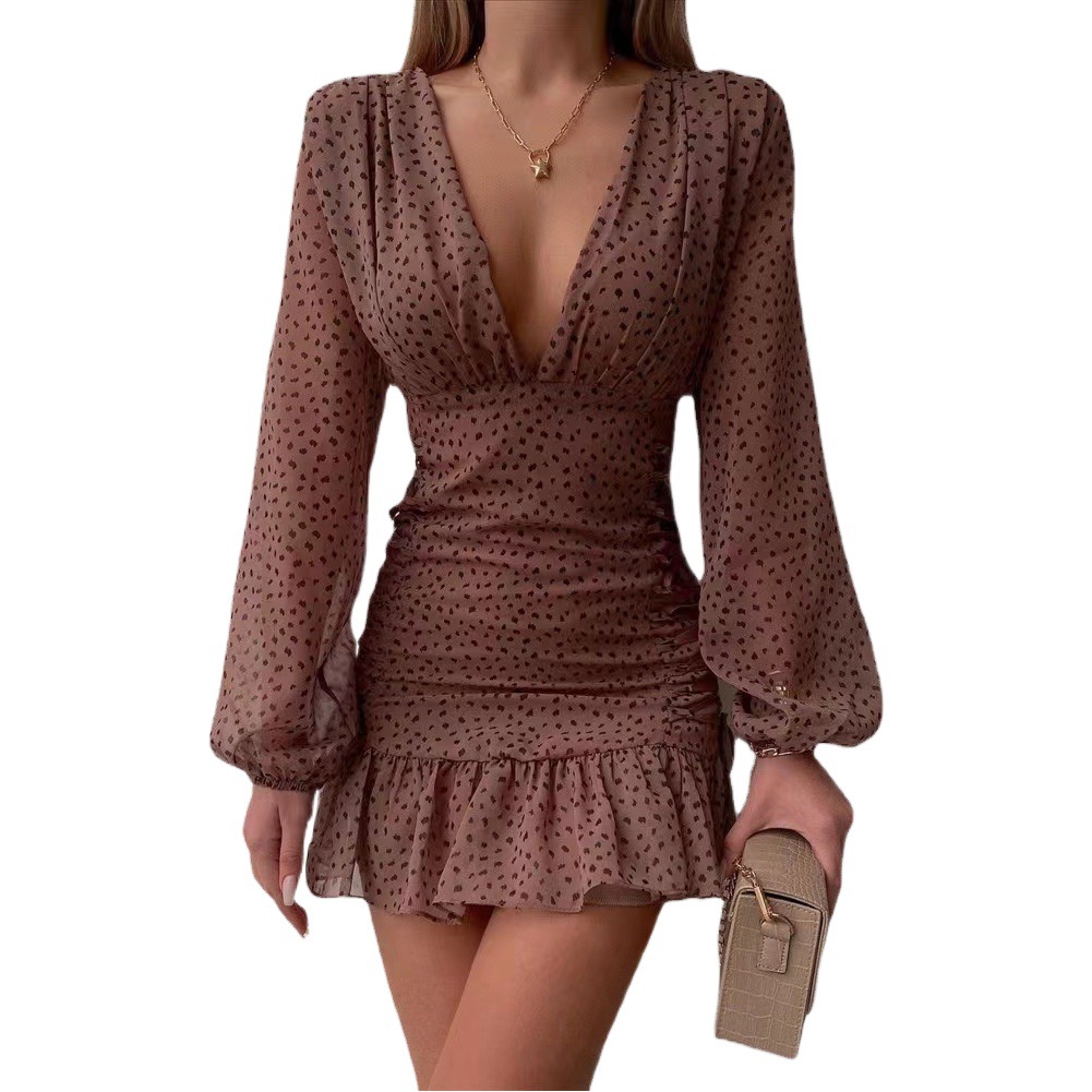 Vestido midi de chifón sexy con cuello en V, elegante y con estampado en la cintura, estilo nuevo transfronterizo europeo y americano 2026